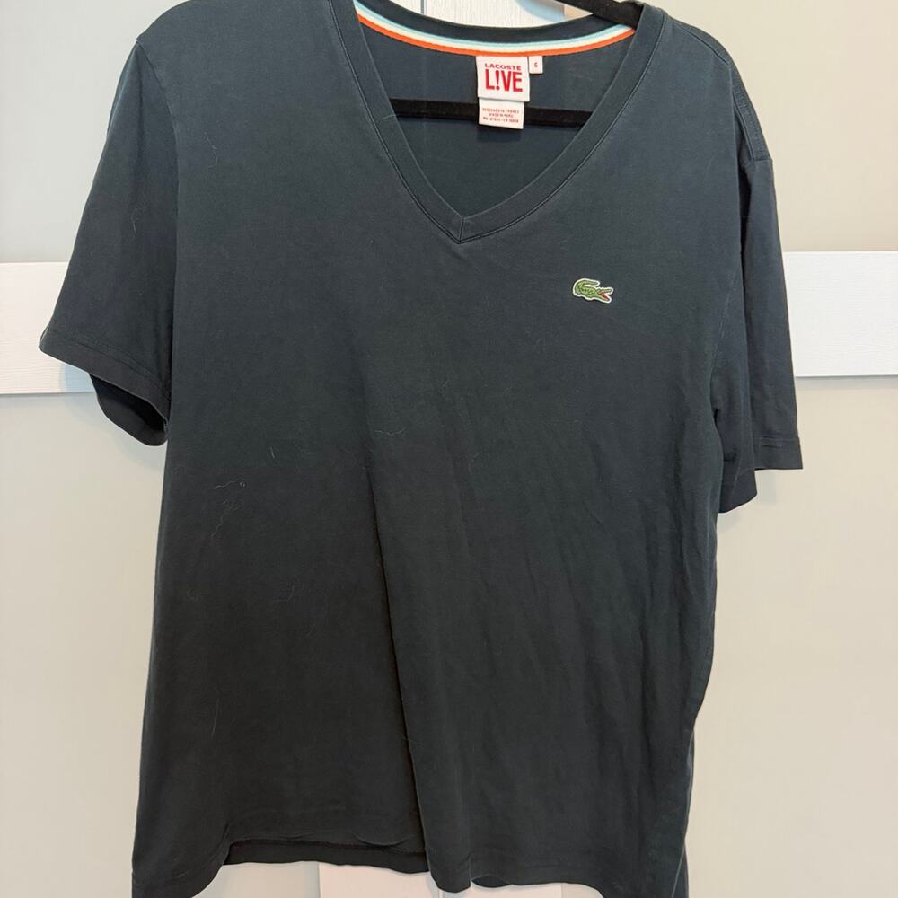 Lacoste L!VE Mens Size 6 Black V Neck T Shirt Crocodile Logo Short Sleeve